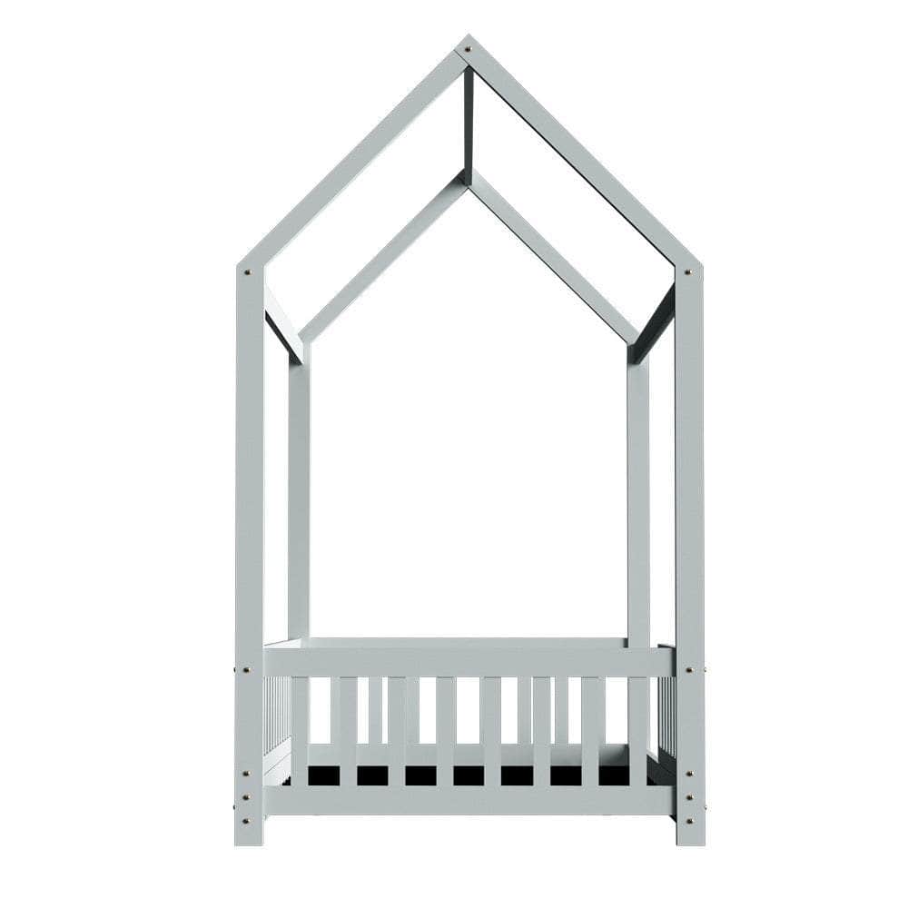 Wooden Bed Frame House Shape Pine Timber Base Single Grey