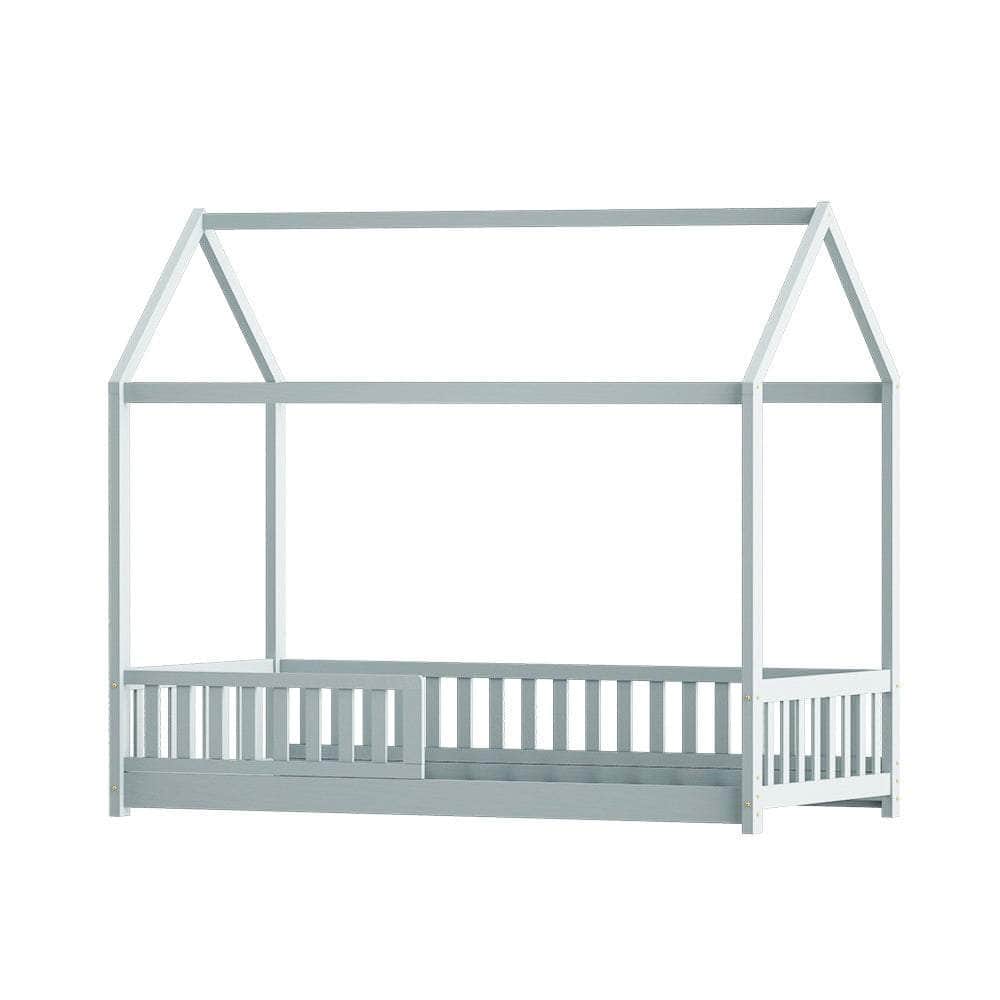 Wooden Bed Frame House Shape Pine Timber Base Single Grey