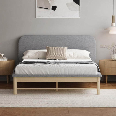 Wooden Bed Frame with Padded Fabric Edges Headboard Double Size