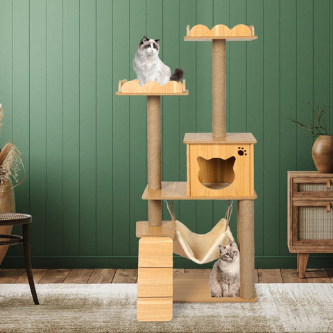 Wooden Cat Condo with Scratcher: Interactive Toys and Cozy House for Cats