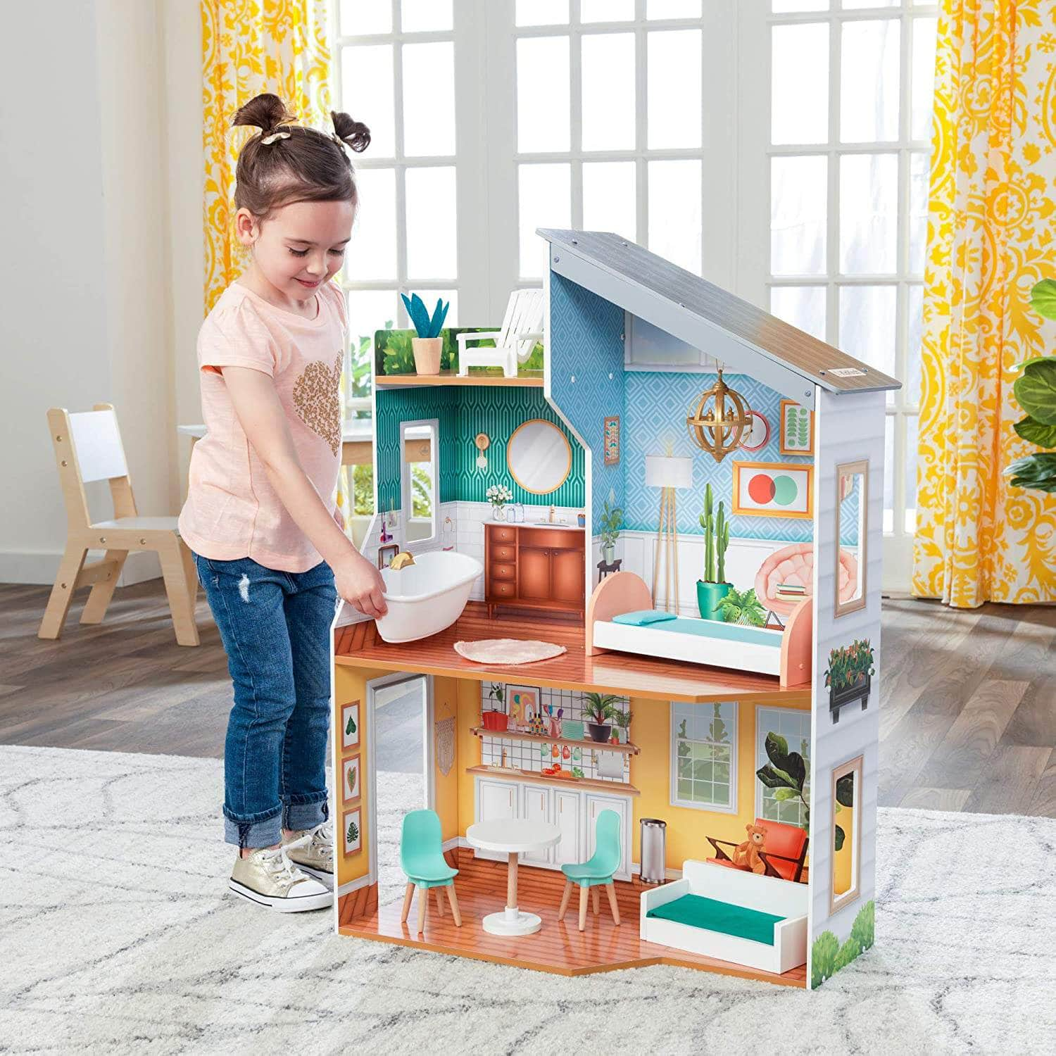 Wooden Dollhouse With Furniture For Kids