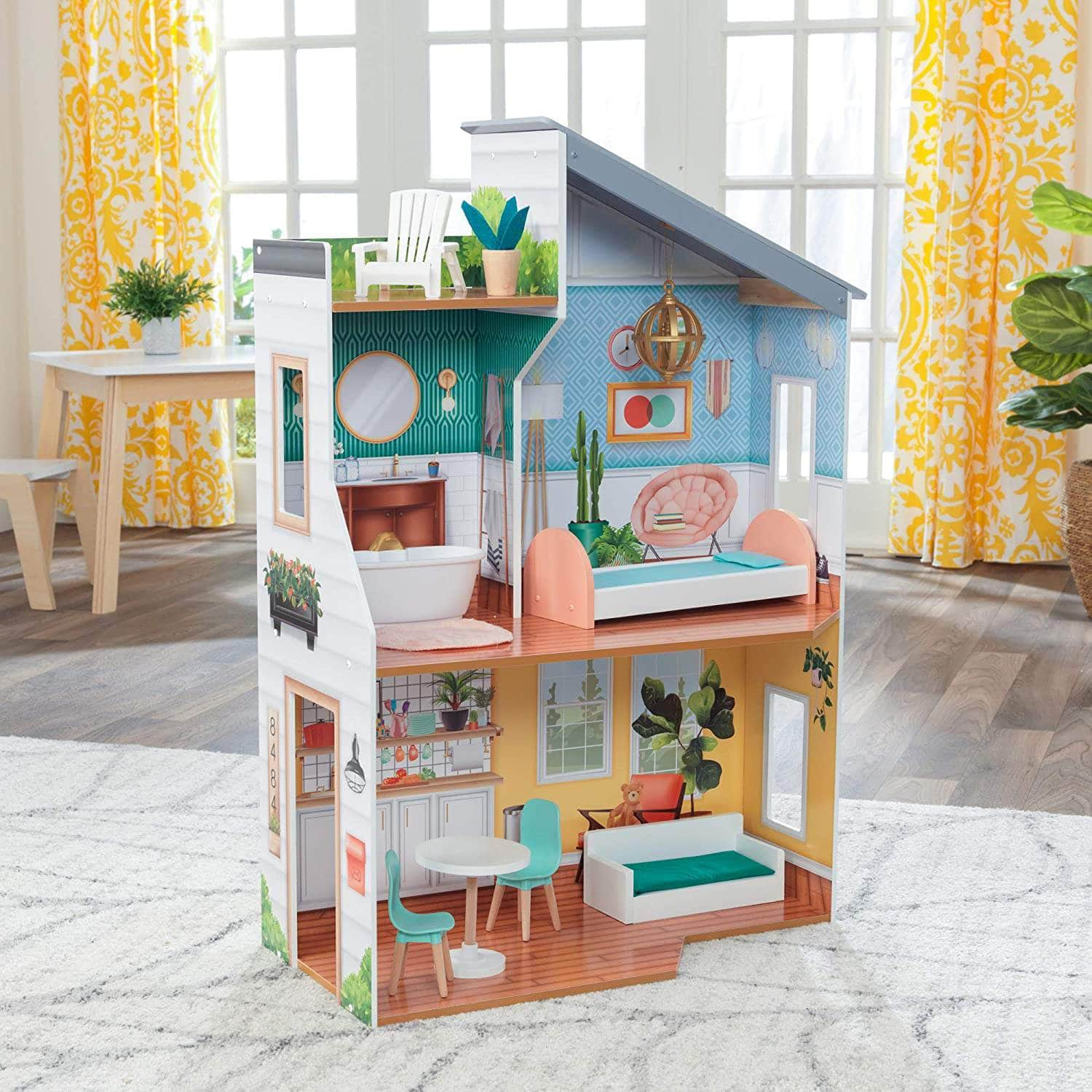 Wooden Dollhouse With Furniture For Kids