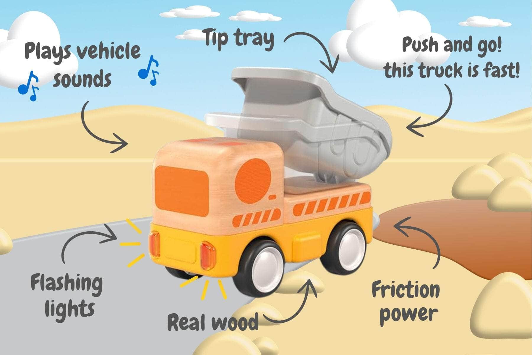 Wooden friction dump truck with sound and light