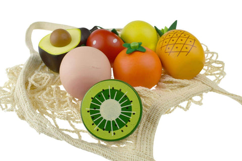 Wooden Fruits 7Pcs Set With Cotton Mesh Shopping Bag