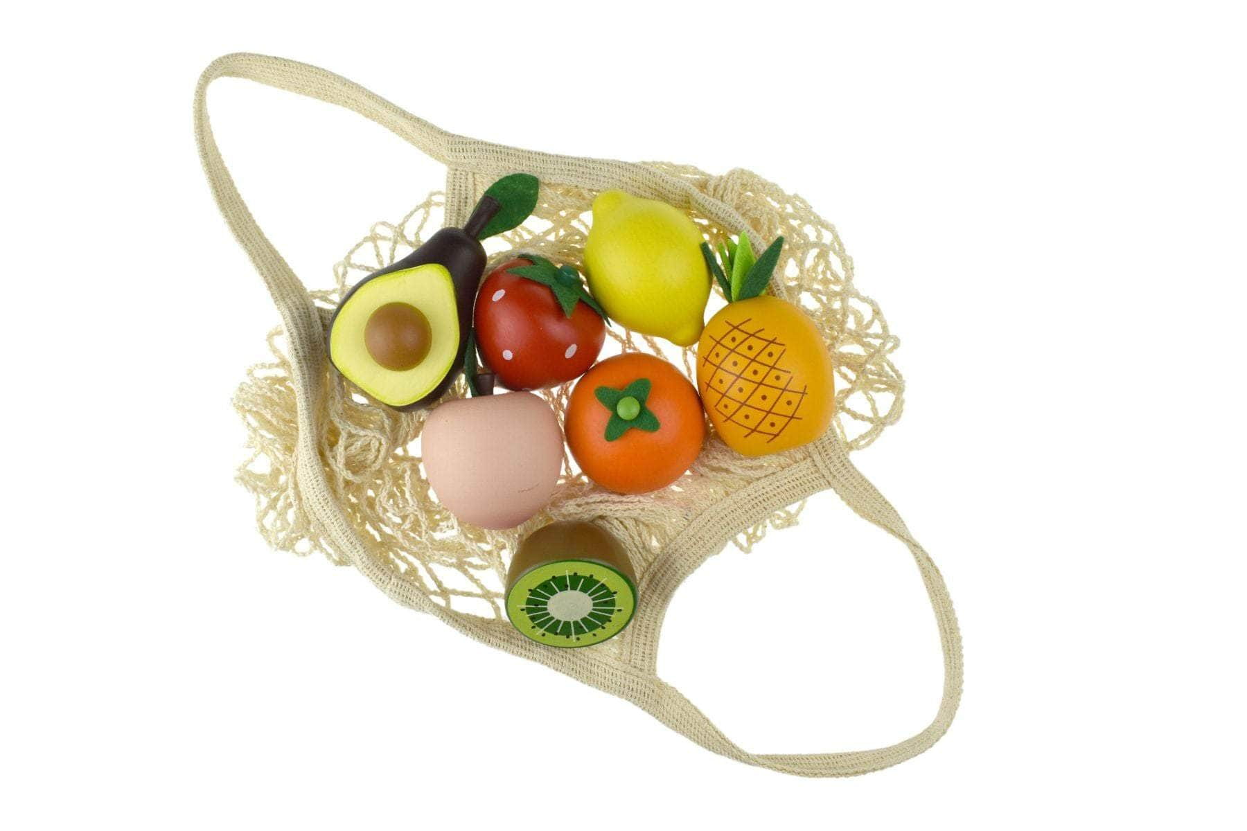 Wooden Fruits 7Pcs Set With Cotton Mesh Shopping Bag