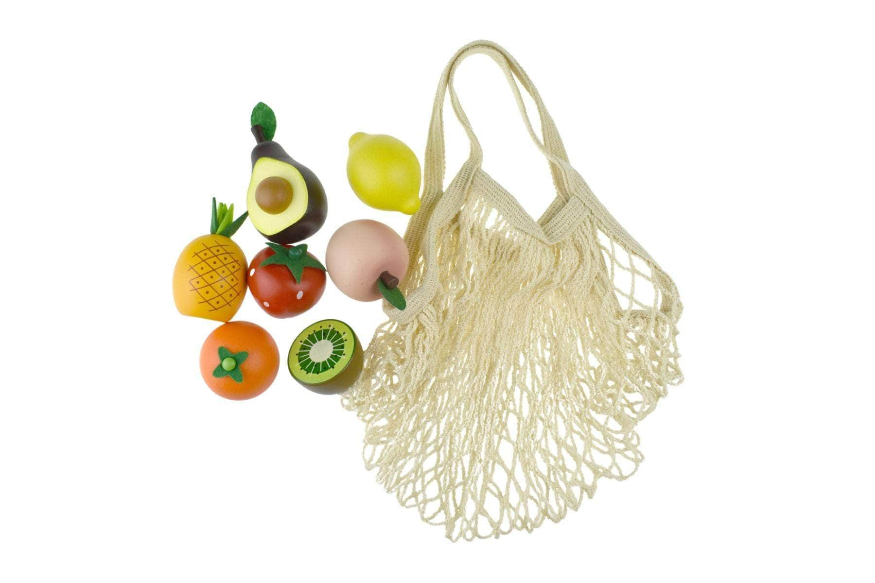 Wooden Fruits 7Pcs Set With Cotton Mesh Shopping Bag