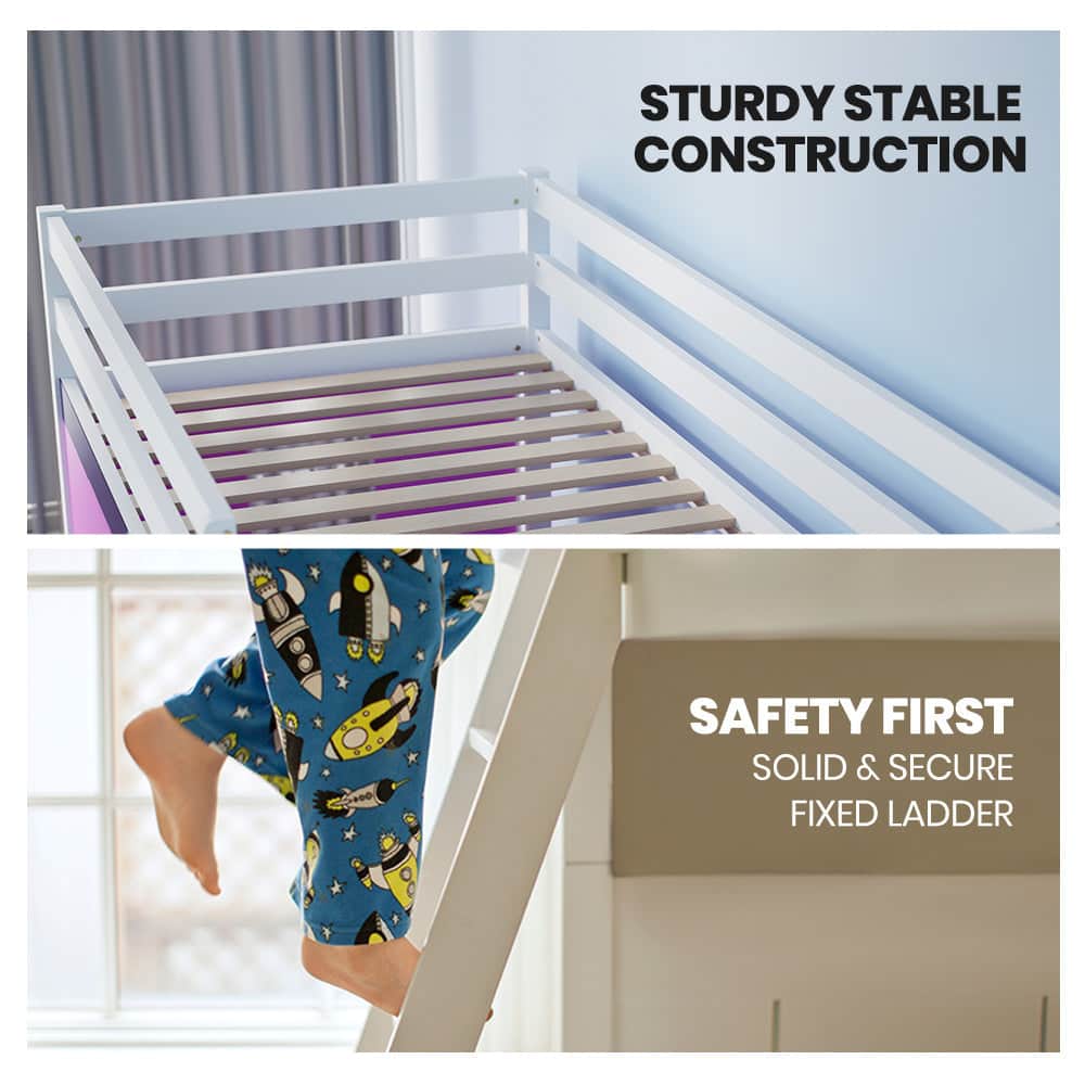 Wooden Kids Single Loft Bed Frame - Hiding Space Underneath With