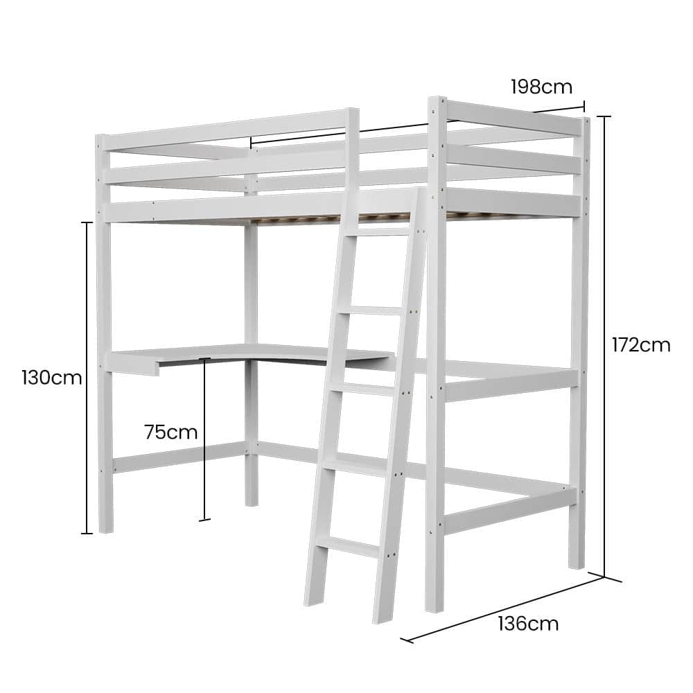 Wooden Kids Single Loft Bed Frame With Desk - White Slat Support