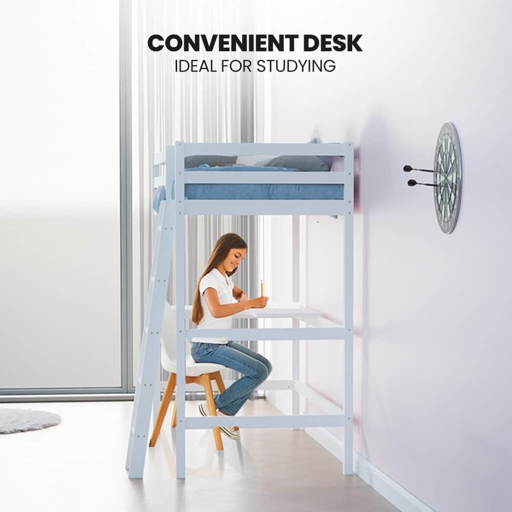 Wooden Kids Single Loft Bed Frame With Desk - White Slat Support