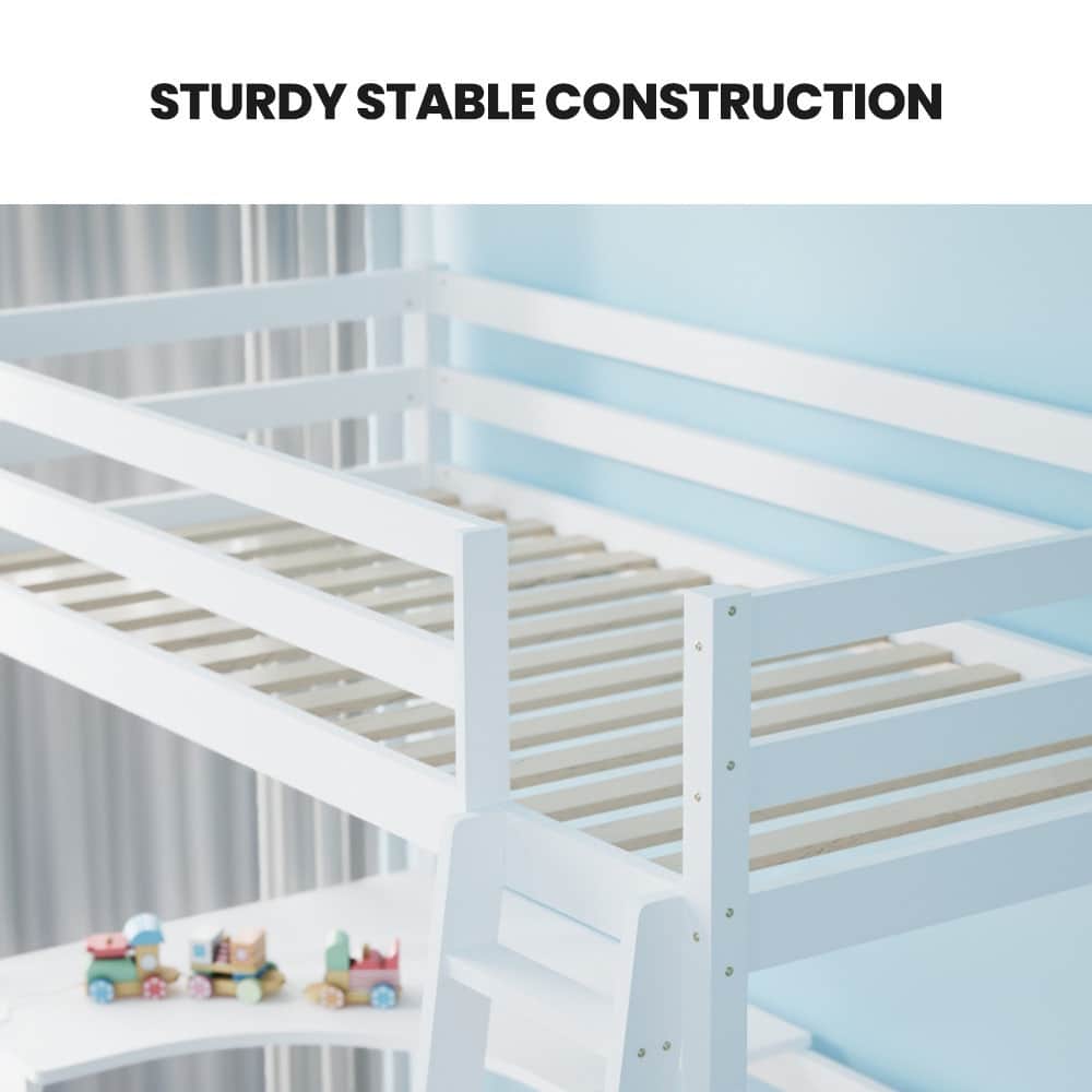 Wooden Kids Single Loft Bed Frame With Desk - White Slat Support