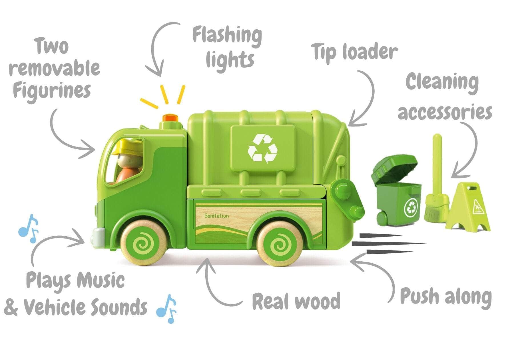 Wooden recycle truck with sound and light