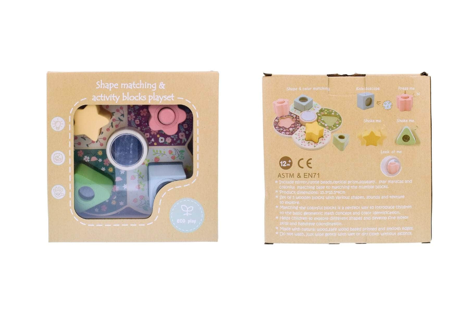 Wooden shape sorter with activity blocks