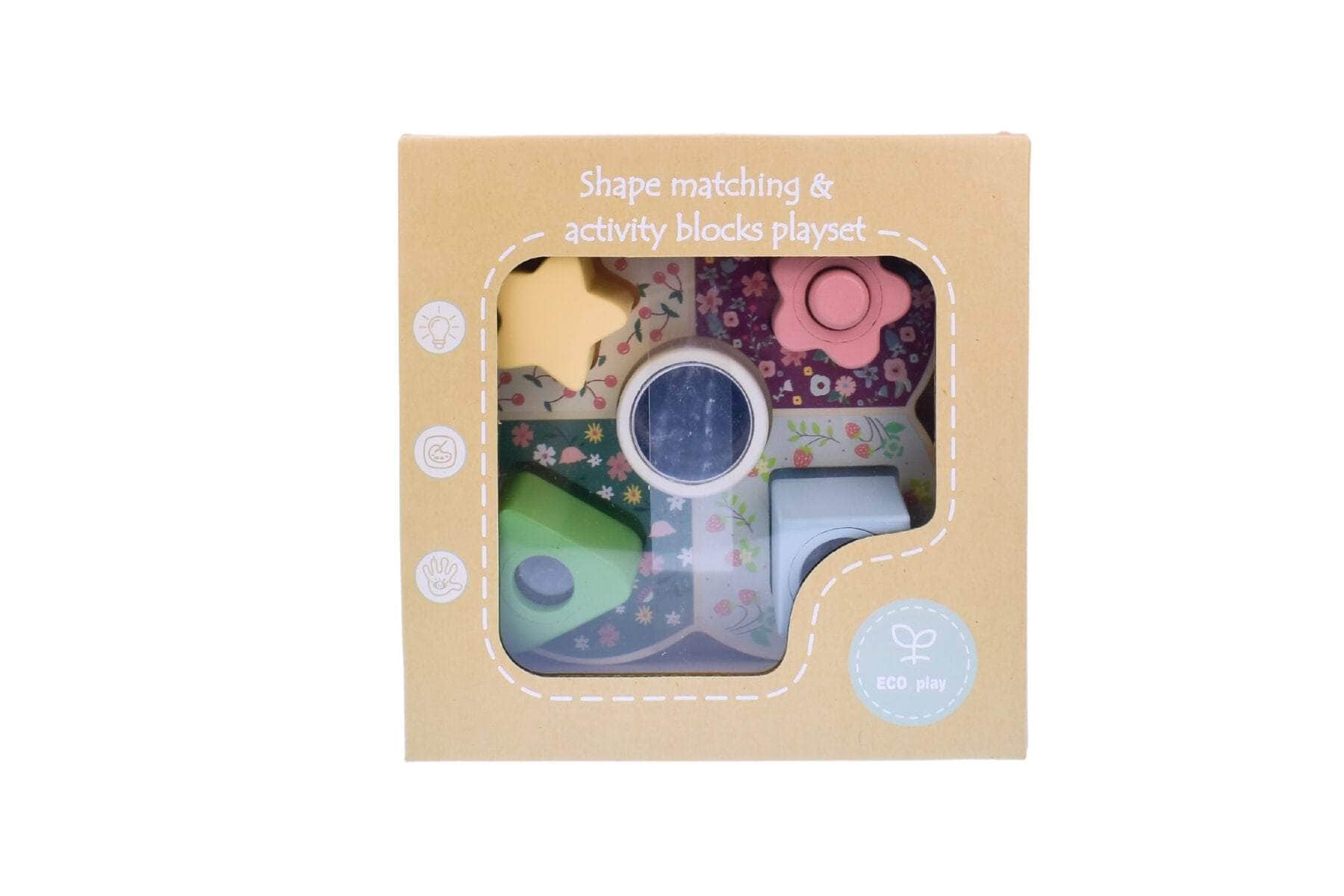 Wooden shape sorter with activity blocks