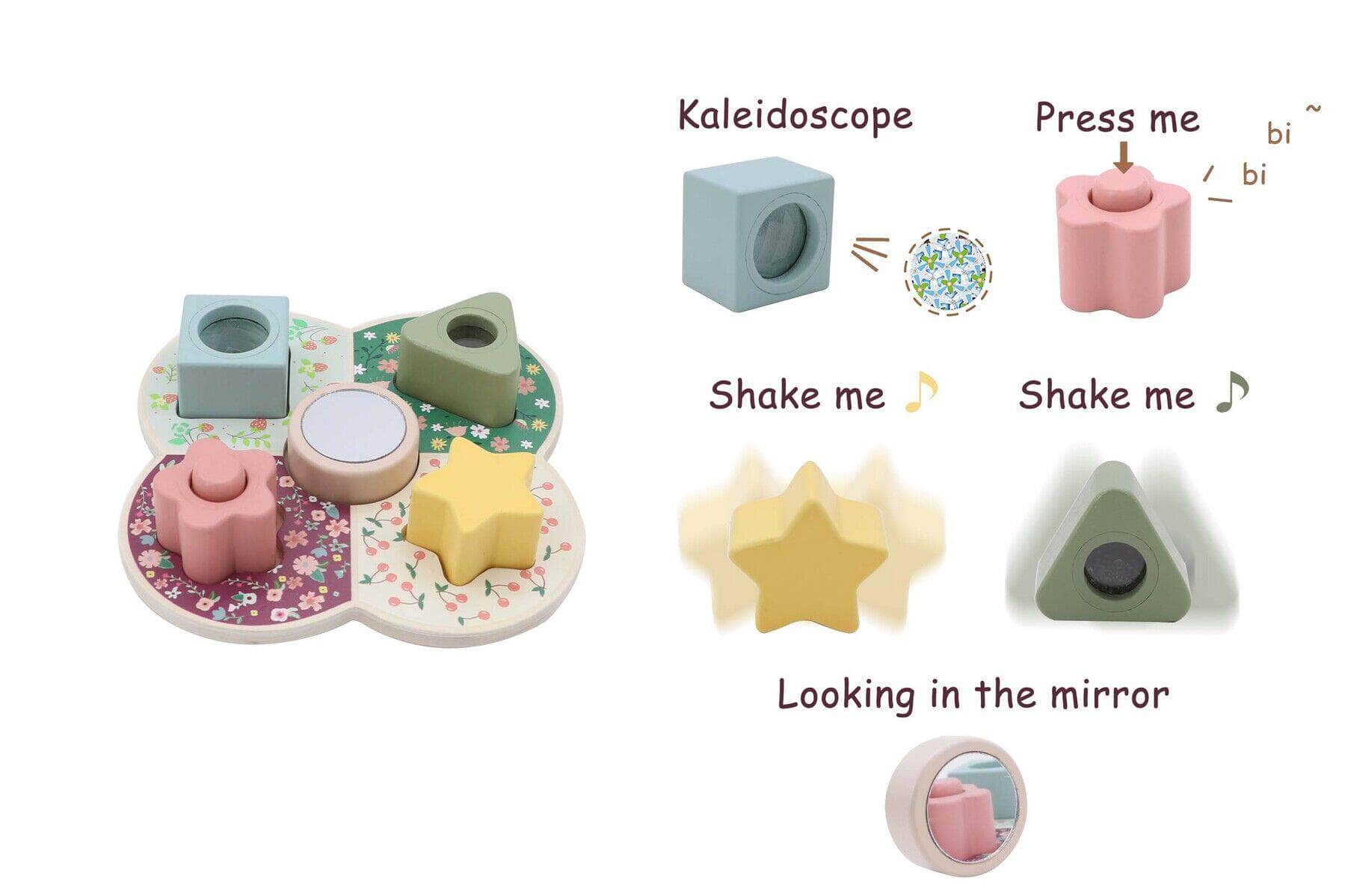 Wooden shape sorter with activity blocks