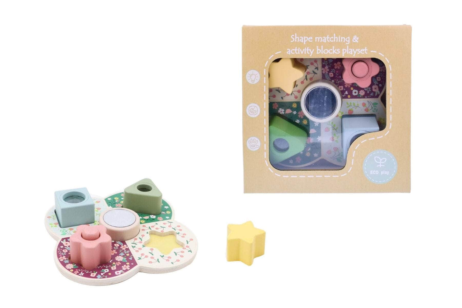 Wooden shape sorter with activity blocks