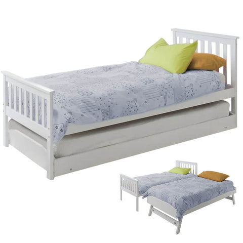 Wooden Single Bed Frame W/ Pop Up Trundle For Kids Bedroom White
