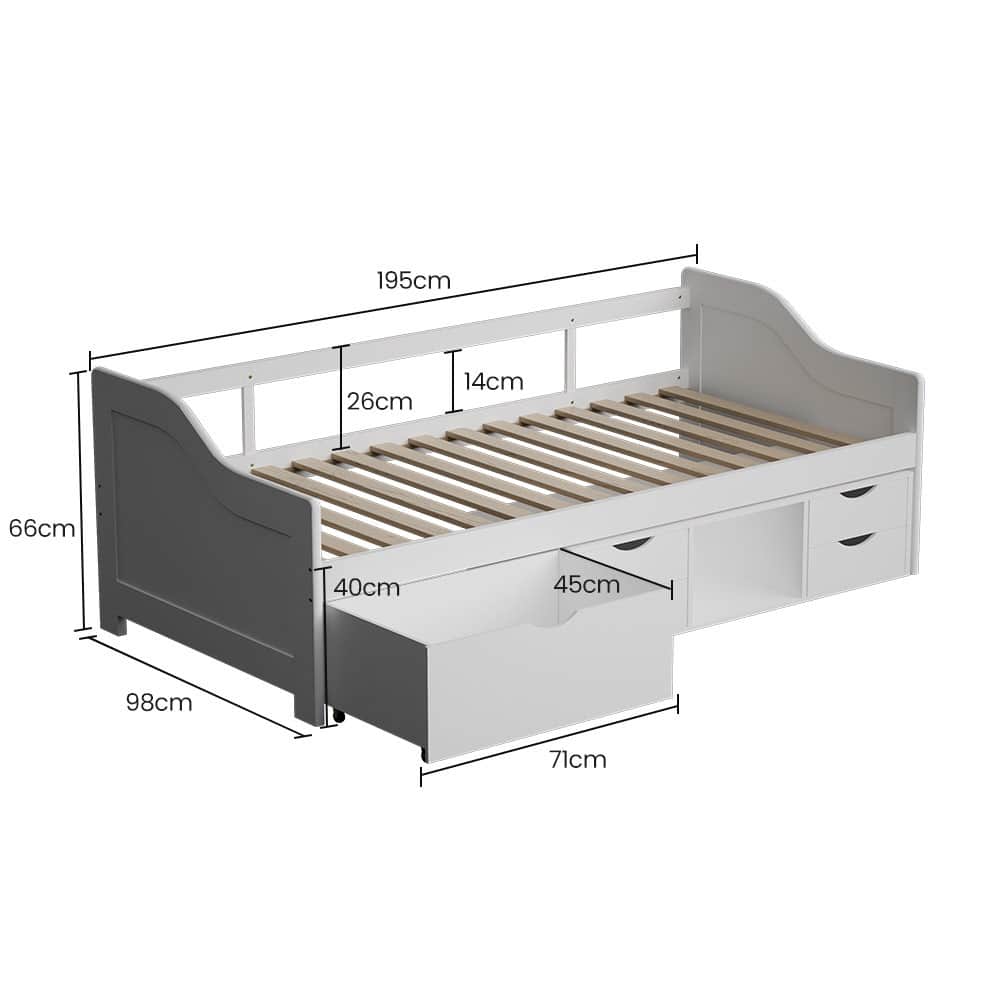 Wooden Single Sofa Bed Frame With Storage Drawers - White Slat