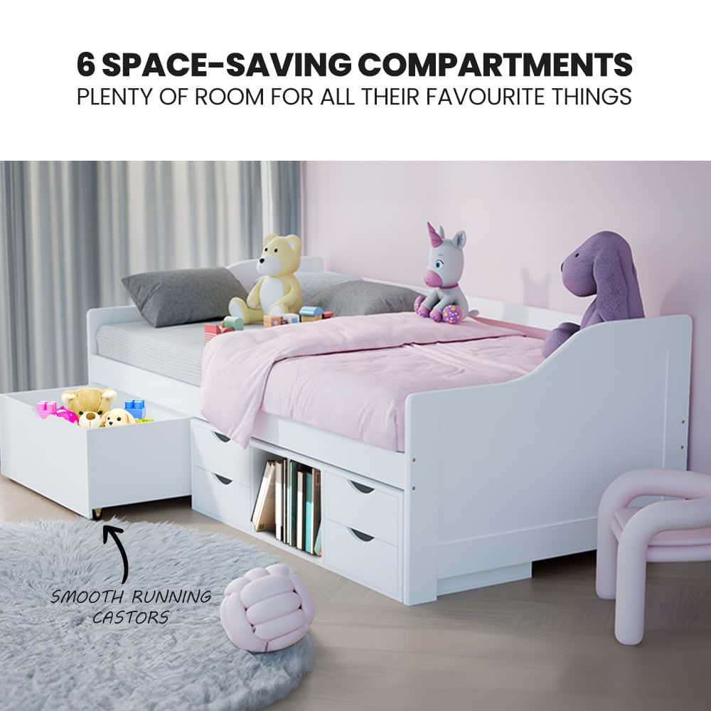 Wooden Single Sofa Bed Frame With Storage Drawers - White Slat