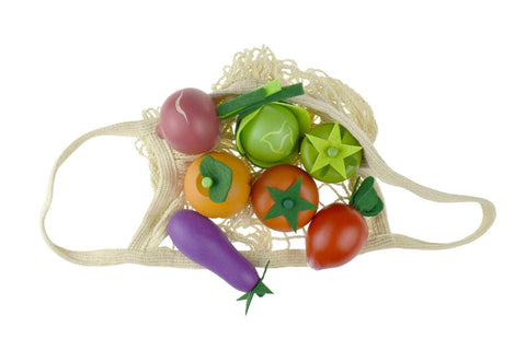 Wooden Vegetables 7 Pcs Set With Cotton Mesh Shopping Bag