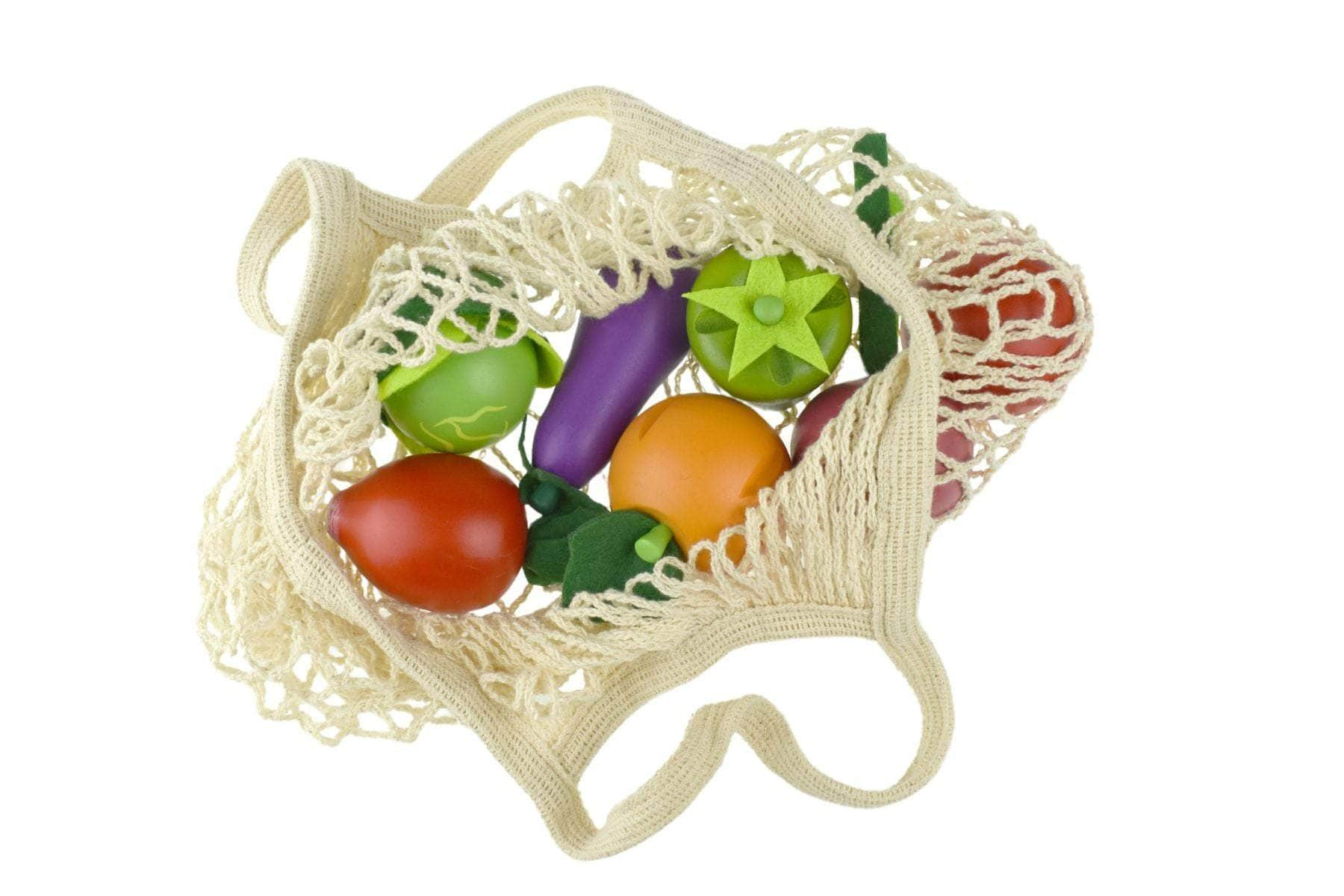 Wooden Vegetables 7 Pcs Set With Cotton Mesh Shopping Bag