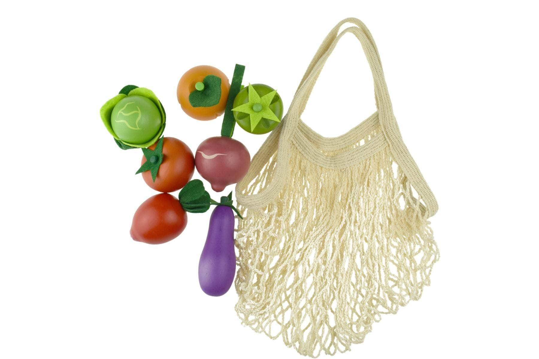 Wooden Vegetables 7 Pcs Set With Cotton Mesh Shopping Bag