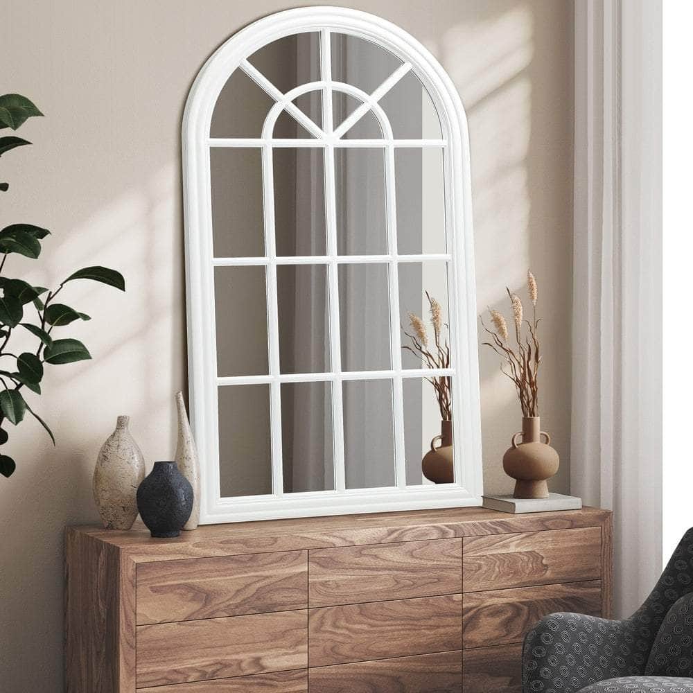 Wooden Window Mirror Arched Wall Mirrors 130x70cm White