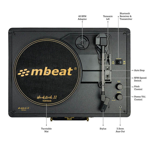 Mbeat Woodstock Ii Black Retro Bluetooth (Tx/Rx) Turntable