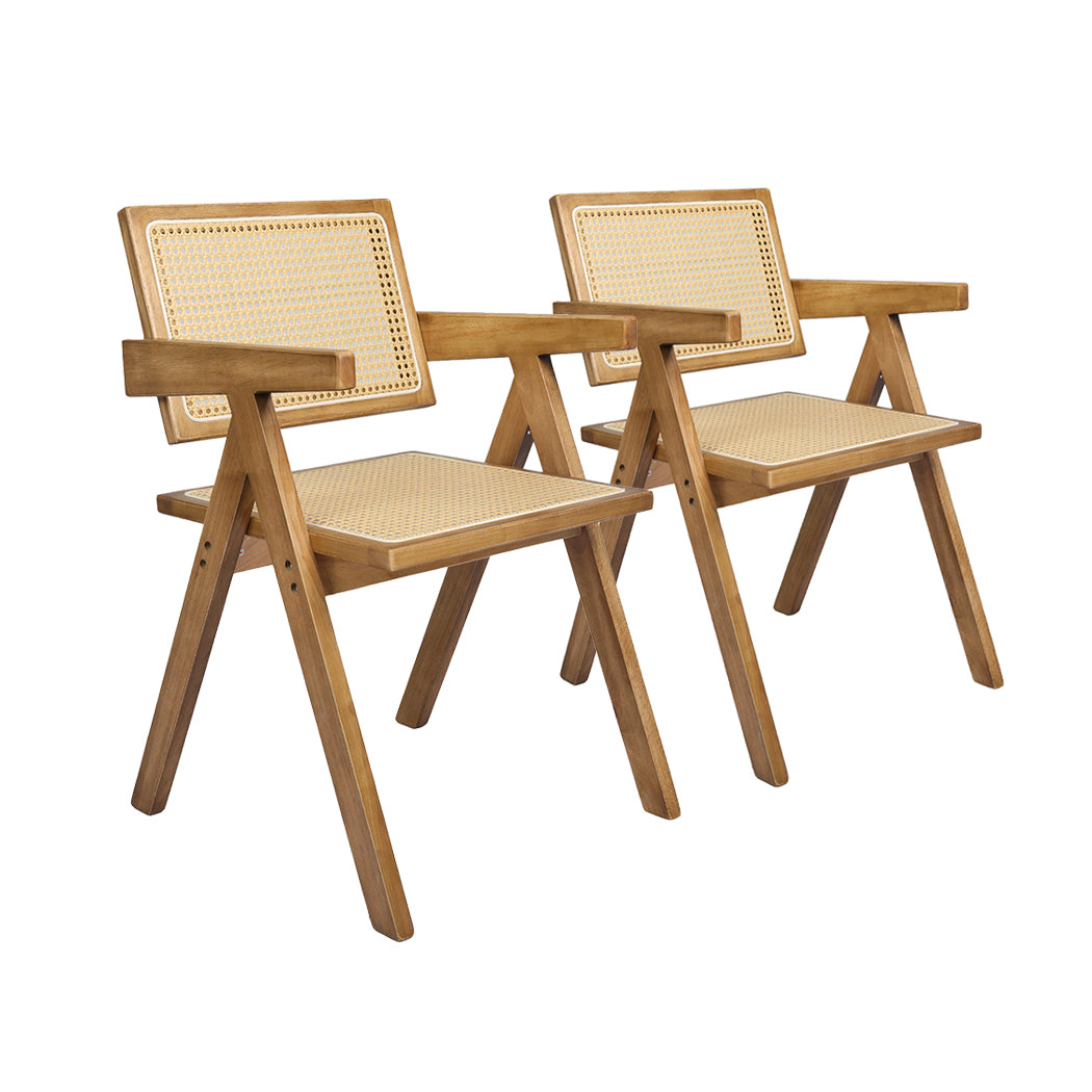 Natural colour - Contemporary 2x Dining Chair Solid Wood Rattan Natural  Adjustable