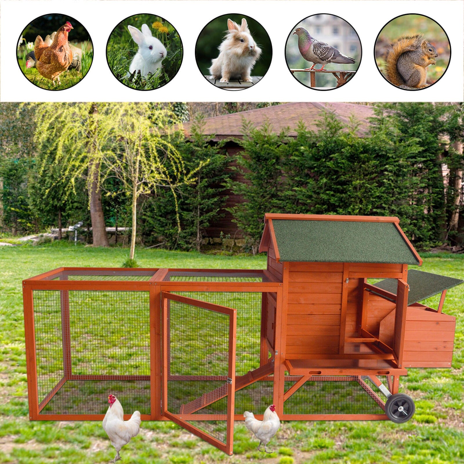 248 cm XL Chicken Coop Rabbit Hutch Ferret Hen Guinea Pig House With Wheels, 248 Cm