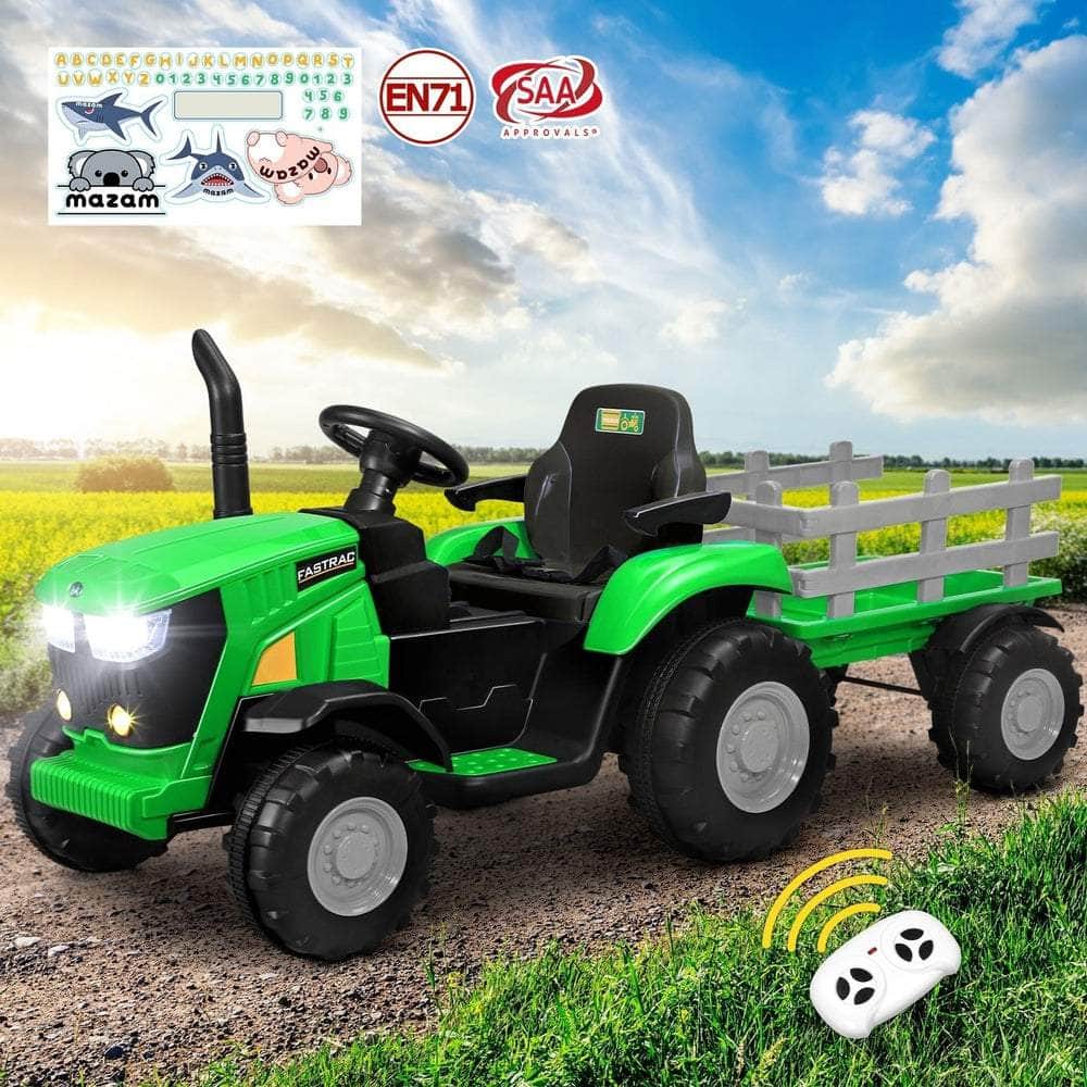 XL Kids Ride On Tractor 12V with Trailer Remote Green