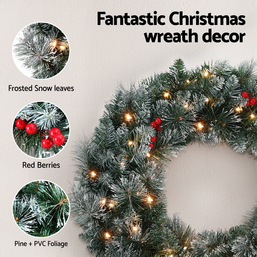 60cm Christmas Wreath LED Lights Snowy Berries Garland Party Decor with 60Cm
