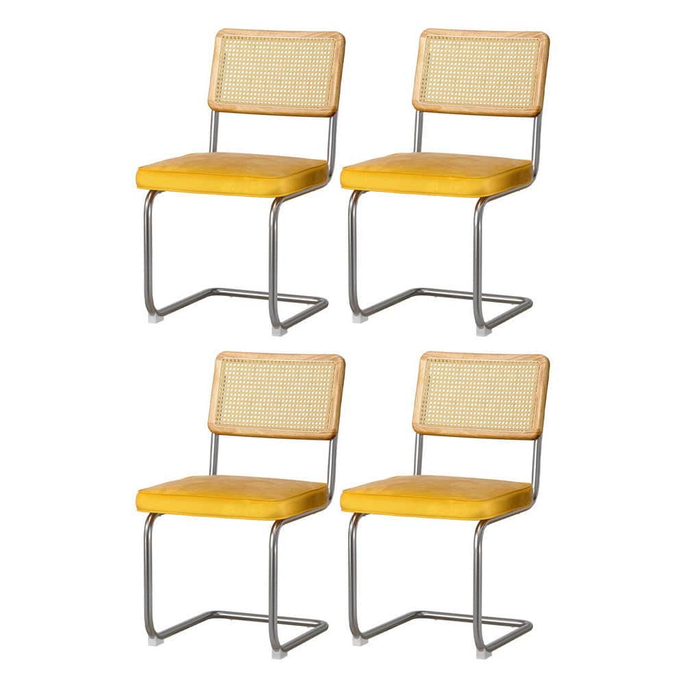 Yellow Velvet Rattan Dining Chairs Set of 4 Cantilever Kitchen Seating