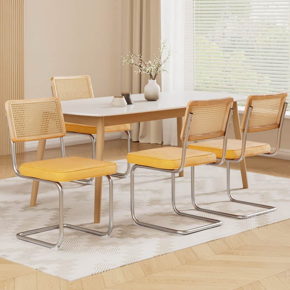 Yellow Velvet Rattan Dining Chairs Set of 4 Cantilever Kitchen Seating