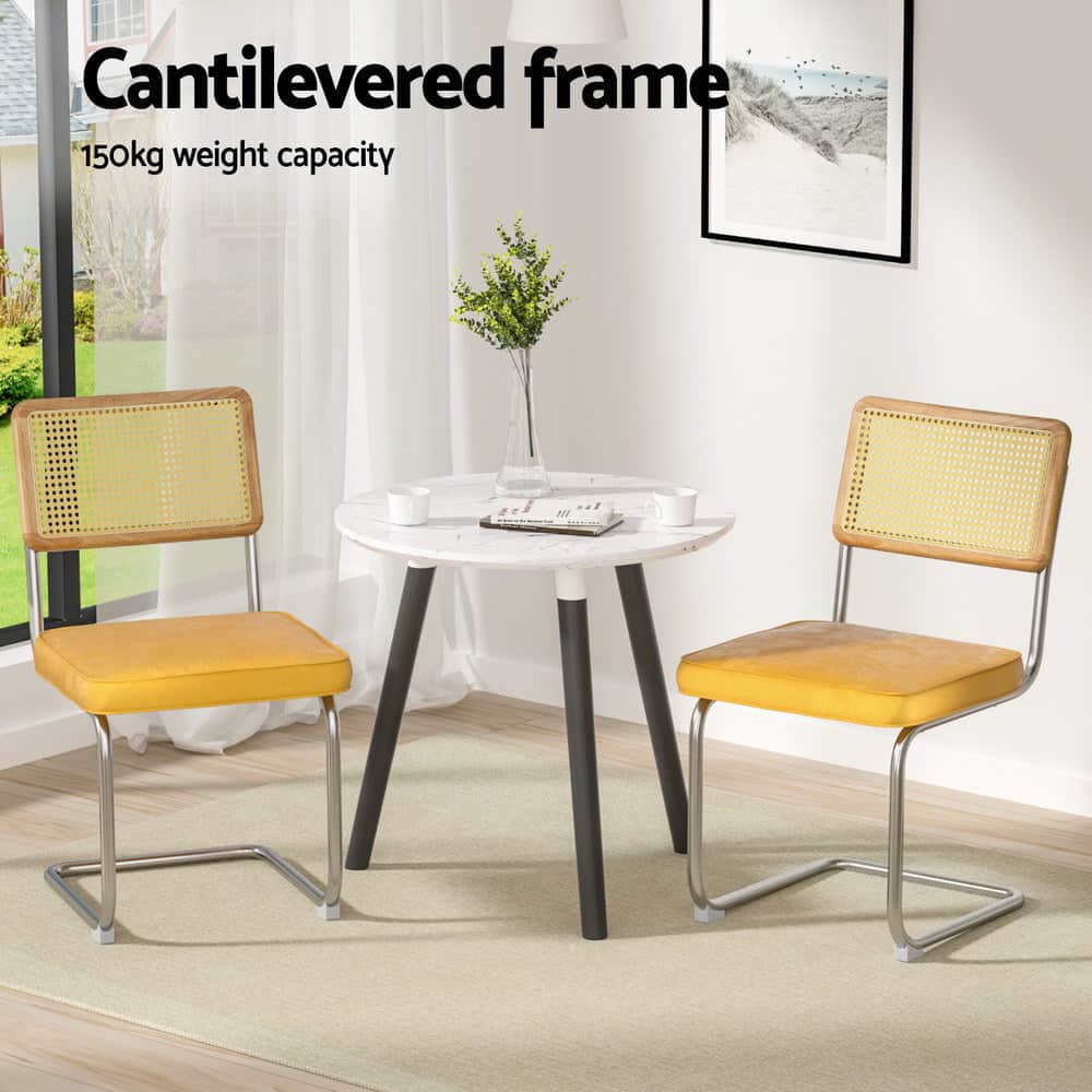 Yellow Velvet Rattan Dining Chairs Set of 4 Cantilever Kitchen Seating