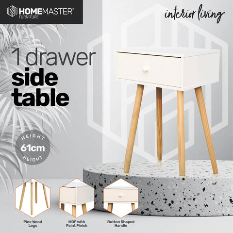 Sleek Modern 1-Drawer Side Table: Stylish Neutral Design (61cm)