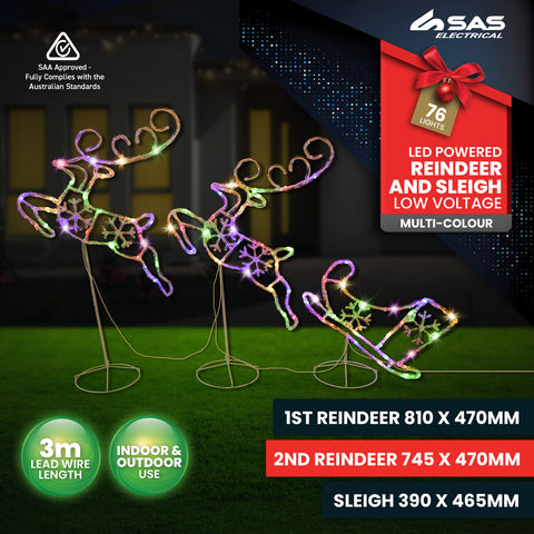3m Reindeer & Sleigh Set Rope Light With Stands Multi-Colour