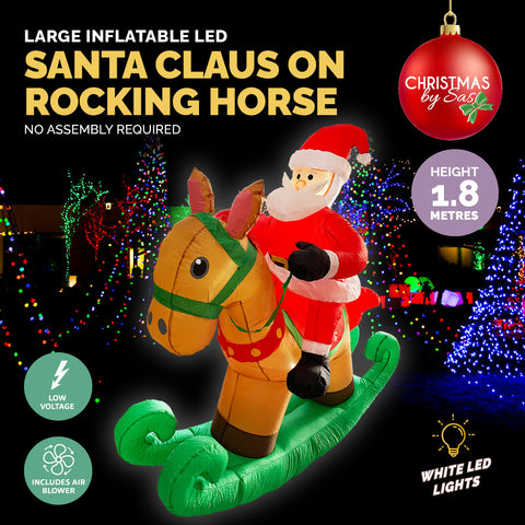 1.8m Self Inflatable LED Santa On Rocking Horse