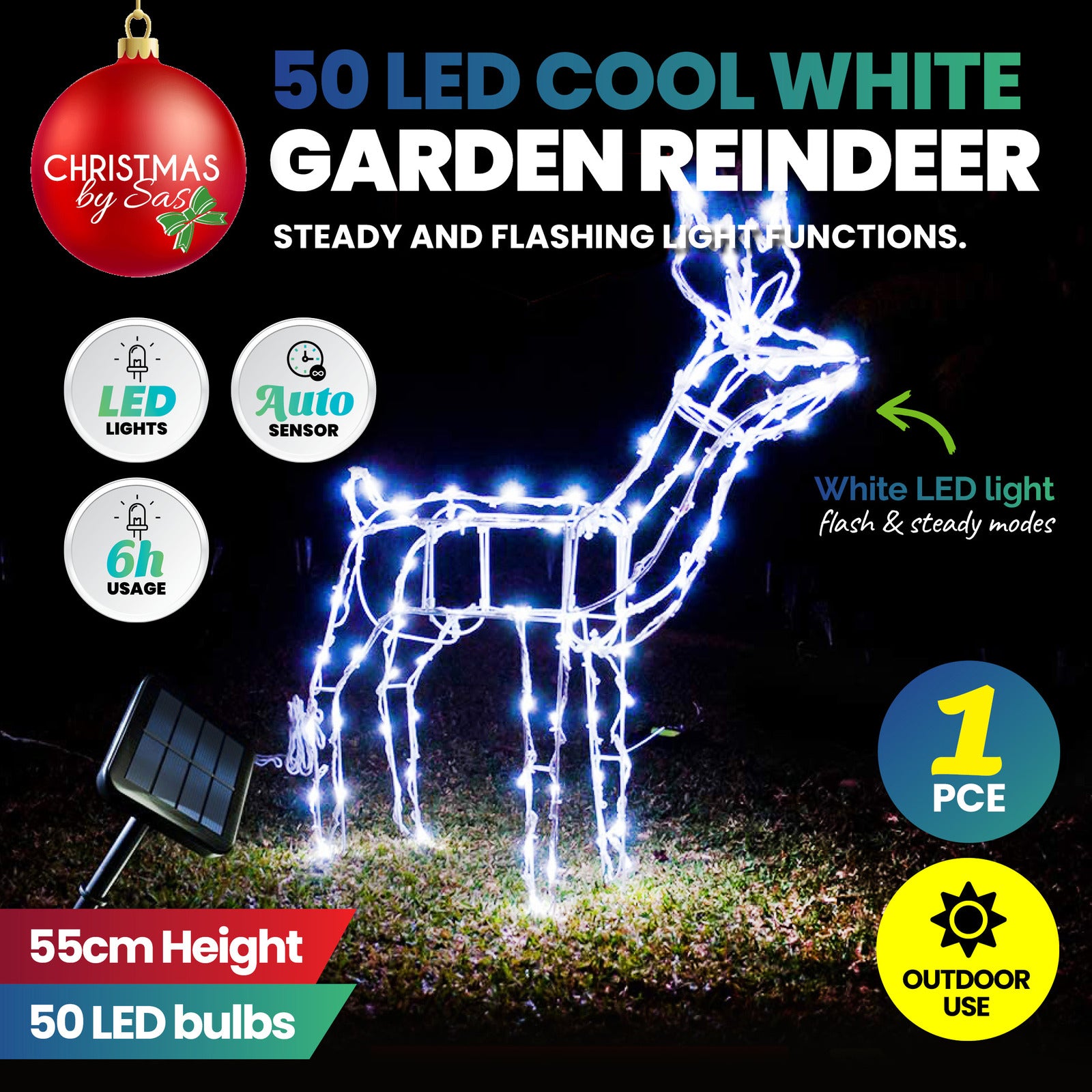 55cm Reindeer Rope Light Solar LED Cool White Auto Sensor