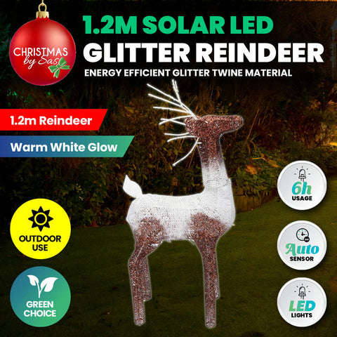 1.2m Reindeer Glitter Wire Solar LED Warm White Auto Sensor