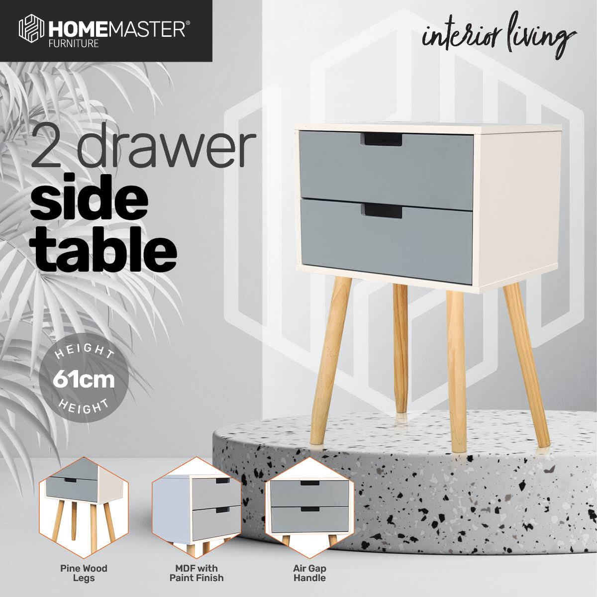 Sleek Modern 2-Drawer Side Table: Stylish Neutral Design (61cm)