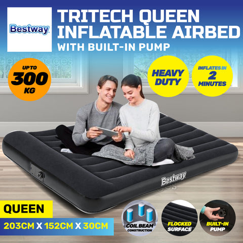 Queen Inflatable Air Bed Tritech Built-In Pump Heavy Duty