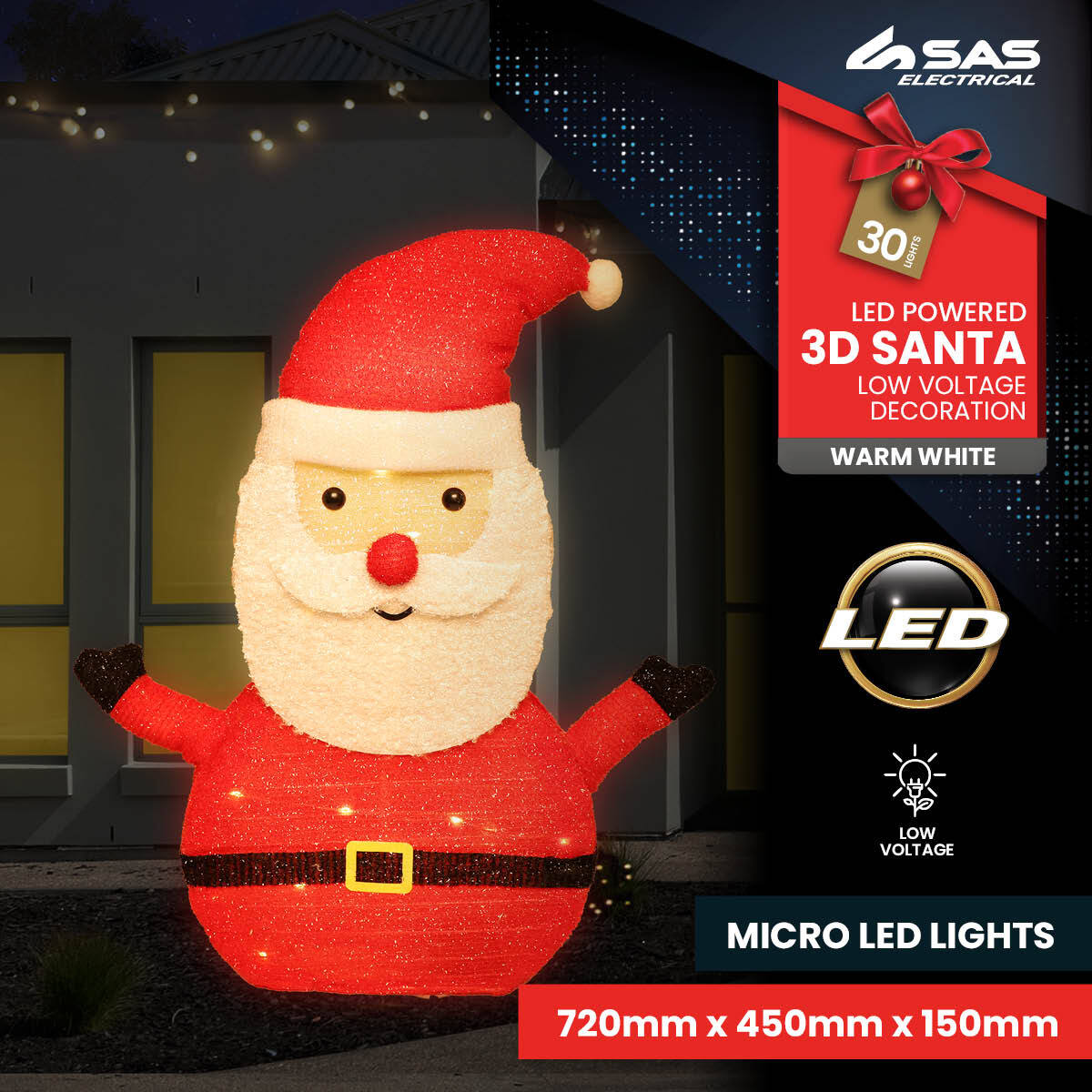 45 x 72cm 3D Santa Ornament Warm White LED Lighting