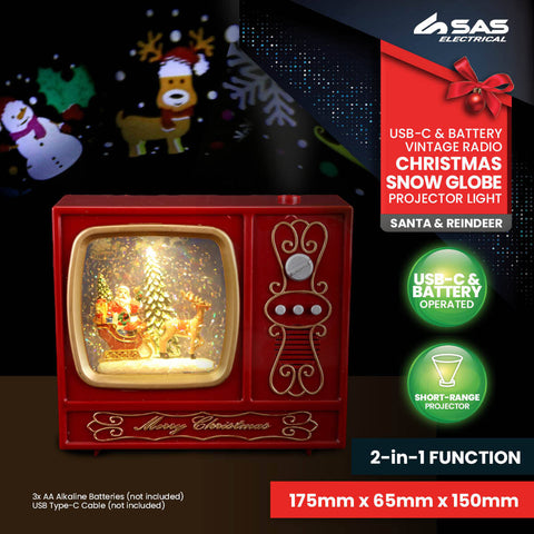2-in-1 Vintage Radio Santa & Reindeer Snow Globe & Projector