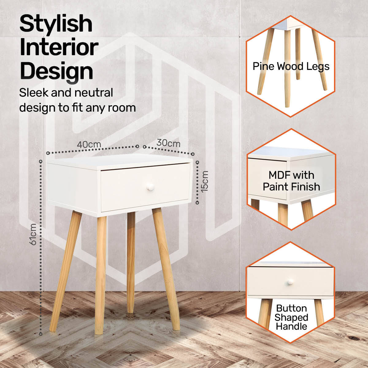 Sleek Modern 1-Drawer Side Table: Stylish Neutral Design (61cm)