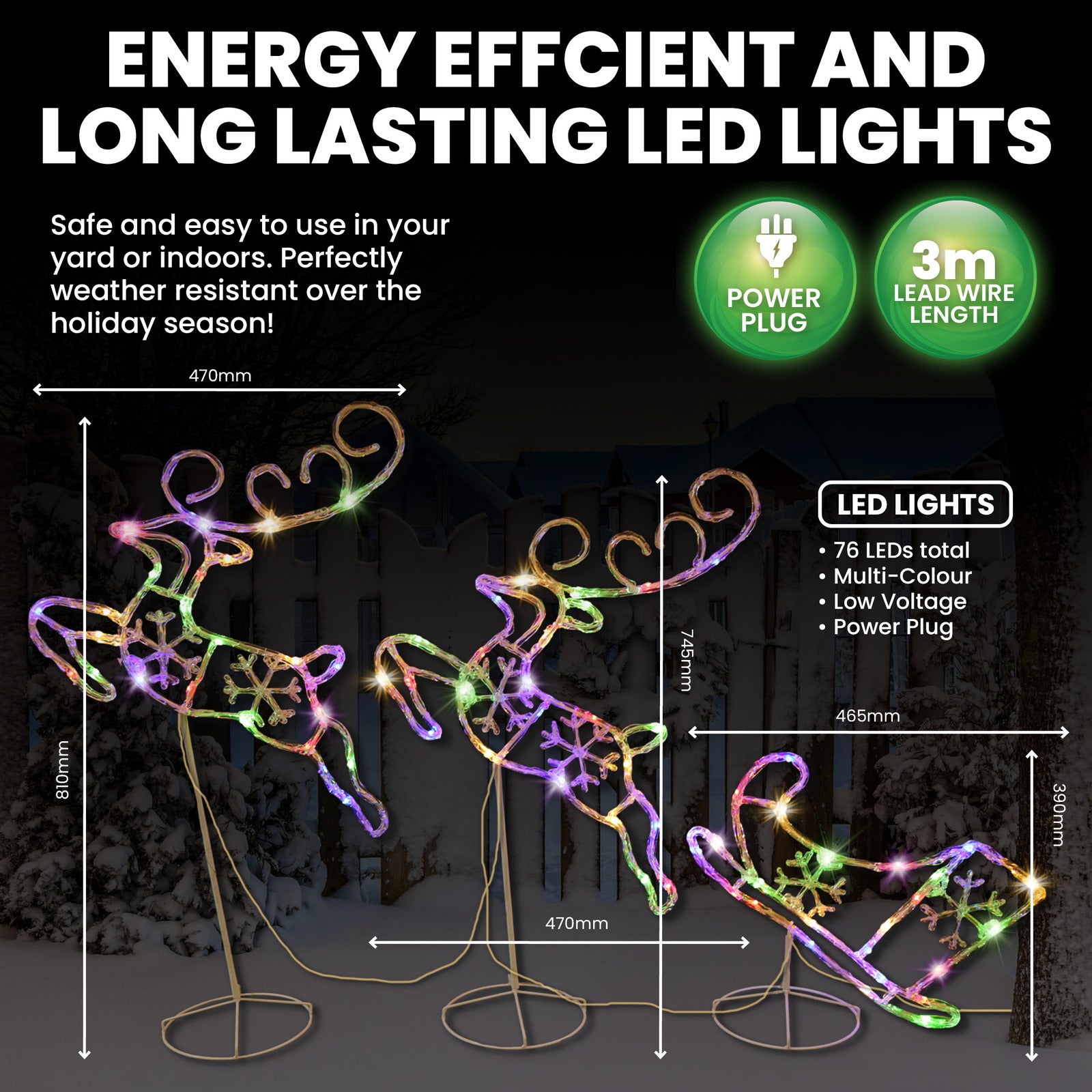 3m Reindeer & Sleigh Set Rope Light With Stands Multi-Colour