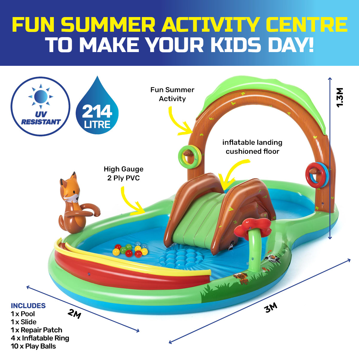 Inflatable Friendly Woods Water Fun Park Pool & Slide 214L