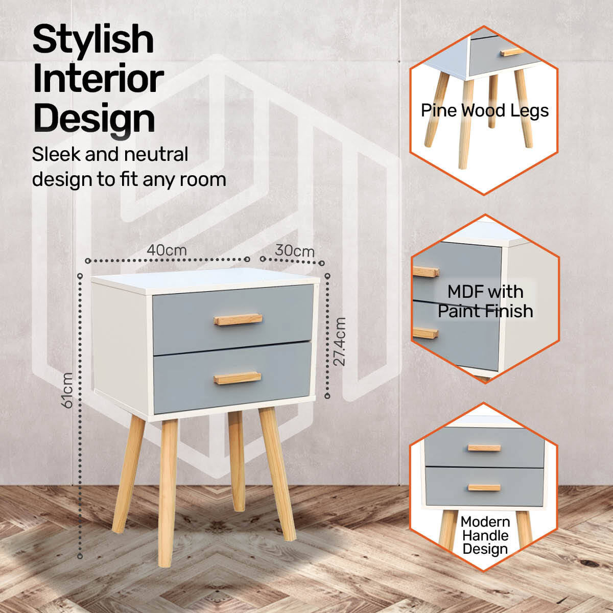 Sleek Modern 3-Drawer Side Table: Stylish Neutral Design (61cm)