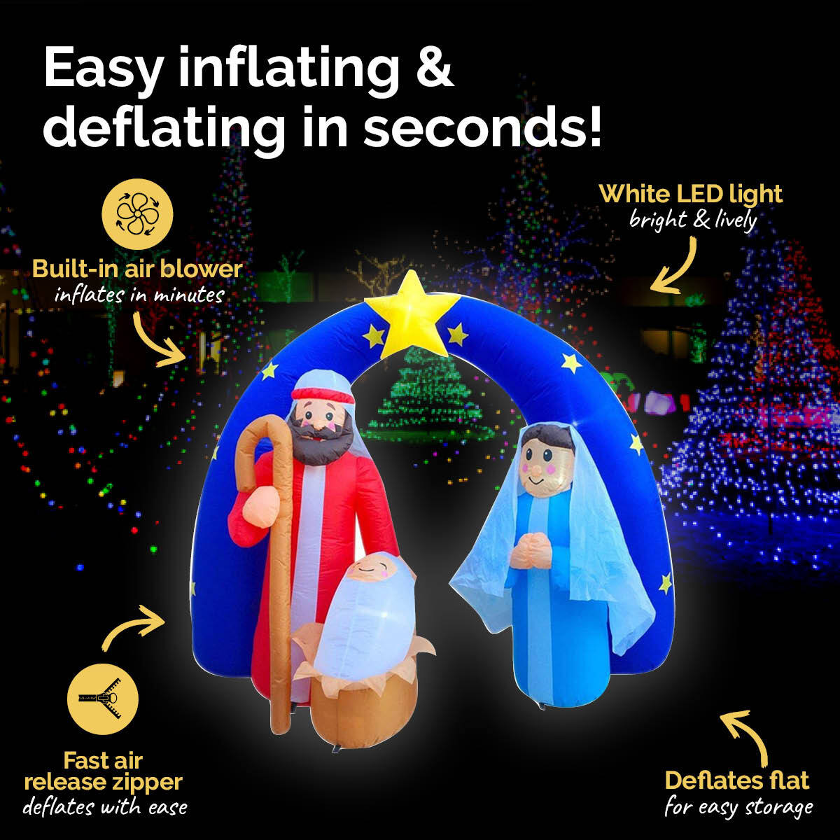 2m Nativity Scene Baby Jesus Self Inflating LED Lighting