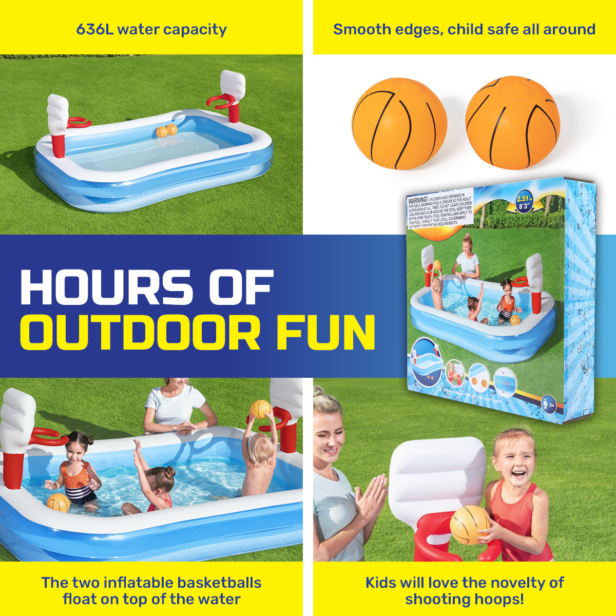 Inflatable Kids Basketball Pool Built-In Hoops Balls Included 636L