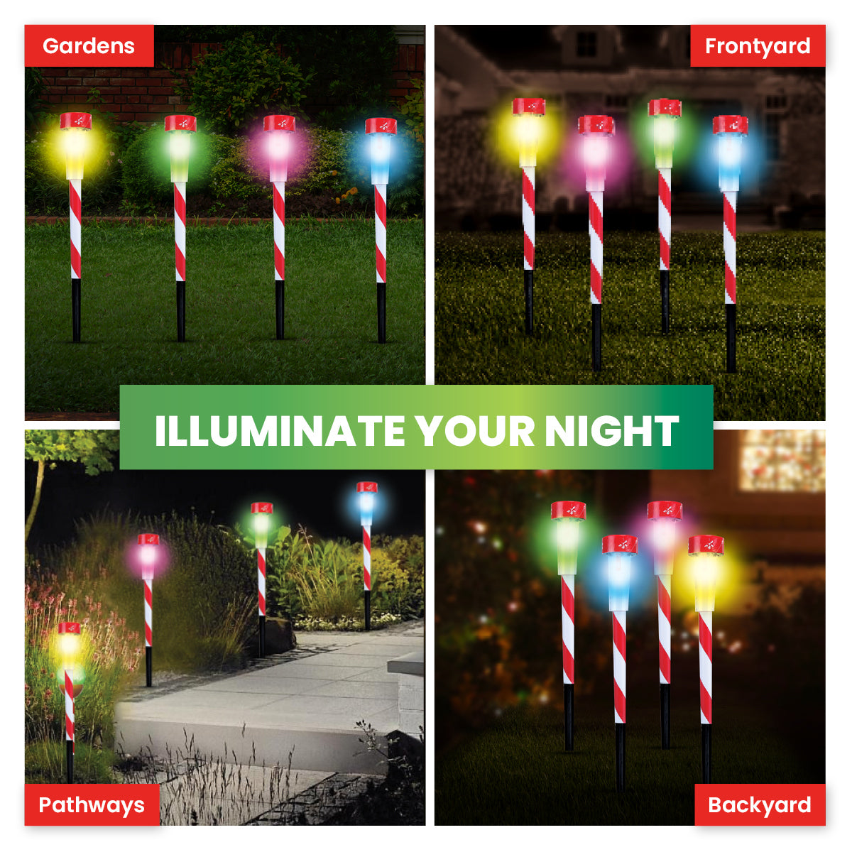 24PCE Solar Stakes Red & White Striped Colour Changing 36cm